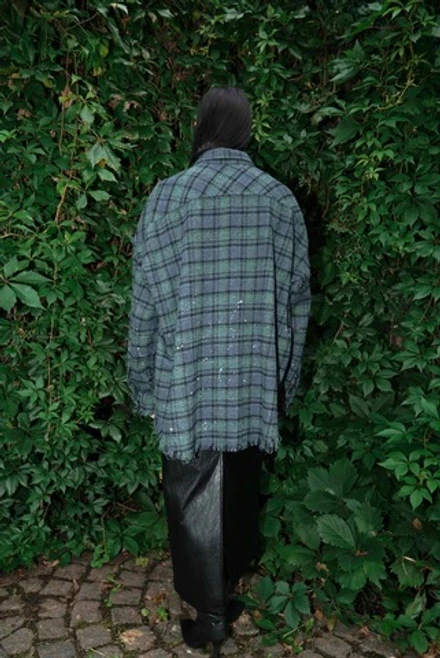 Рубашка в клетку с необработанным краем сине-зеленая