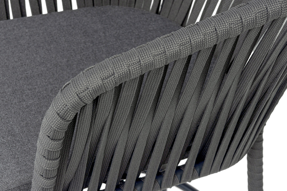 "Бордо" стул барный плетеный из роупа, каркас из стали темно-серый (RAL7024) муар, роуп серый 15мм, ткань темно-серая 027 NEW