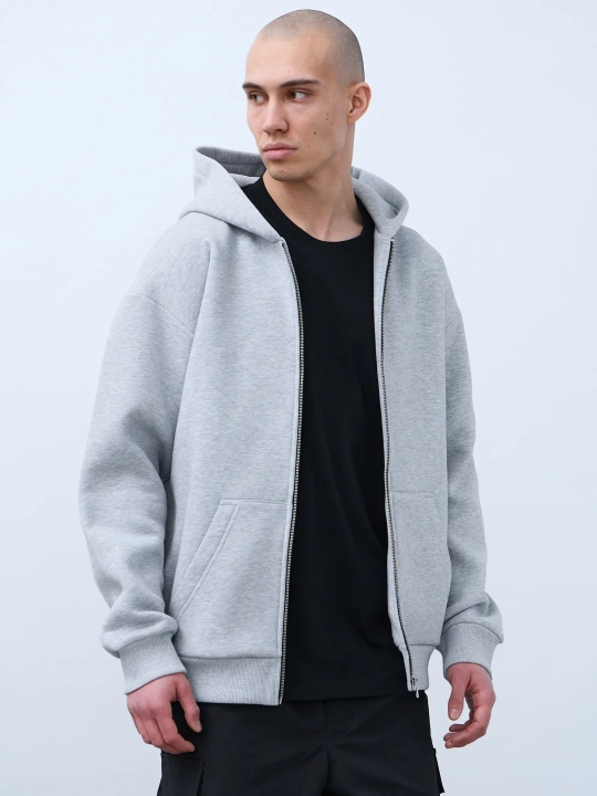 Худи оверсайз на молнии с начёсом (серый-меланж)
