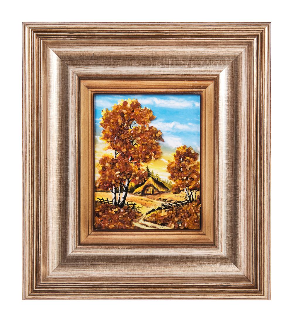AMB-04/ 6 Картина «Домик в деревне» (с янтарной крошкой) H-18см