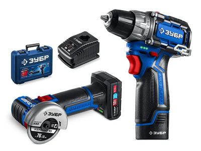 Дрель шуруповерт аккумуляторная + болгарка мини КОМПАКТ #5, BRUSHLESS, 12 В, 45 Н м, 2 АКБ тип Т7, кейс, ЗУБР Профессионал