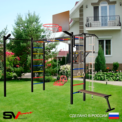 Уличная шведская стенка Sv Sport рукоход с комплектом турник прямой У5423К (Турник/Брусья/Скамья/Со спинкой/Щит баскет/Кронш бокс/Канат/кольца/лестница)