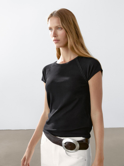 Massimo Dutti Футболка с коротким рукавом и контрастной строчкой, черный