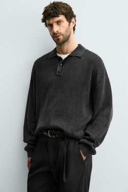 ZARA ТРИКОТАЖНОЕ ПОЛО С ЭФФЕКТОМ ПОТЕРТОСТИ, ЧЕРНЫЙ