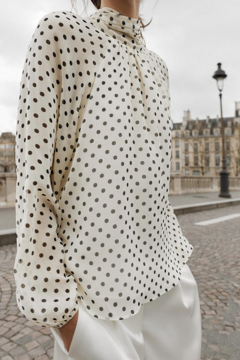 ZARA БЛУЗА В ГОРОШЕК, ЭКРЮ/ЧЕРНЫЙ