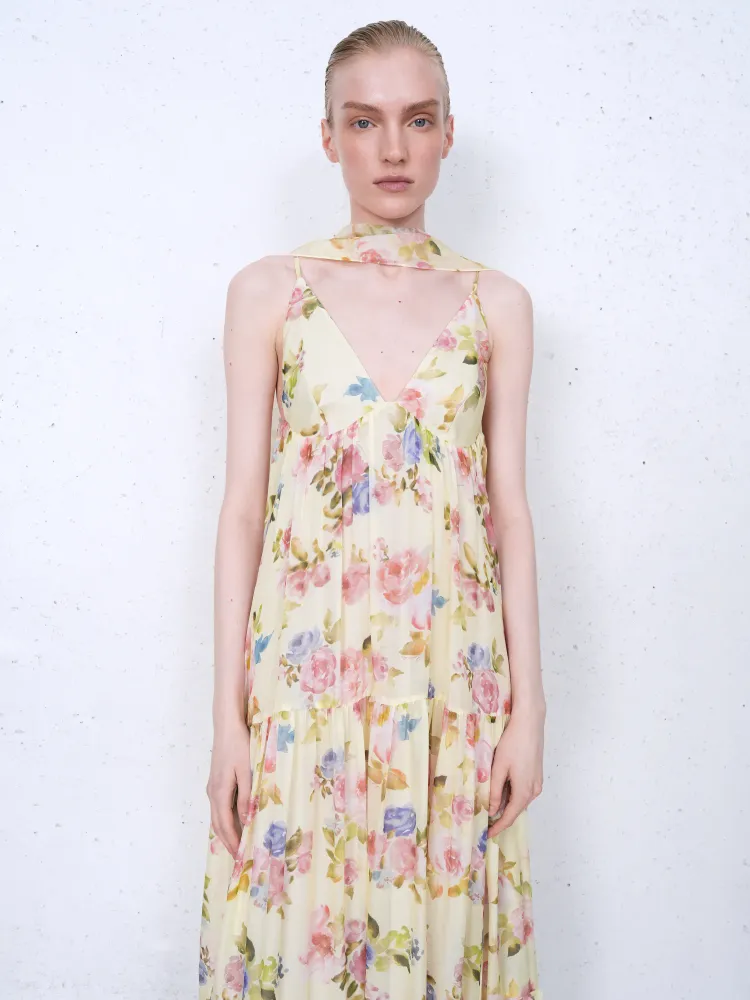 Флёр макси (Fleur maxi), платье макси из бледно-желтого шифона с цветочным принтом