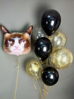 Шары воздушные на день рождения с гелием «Угрюмый кот» с фонтаном в черных и золотых цветах