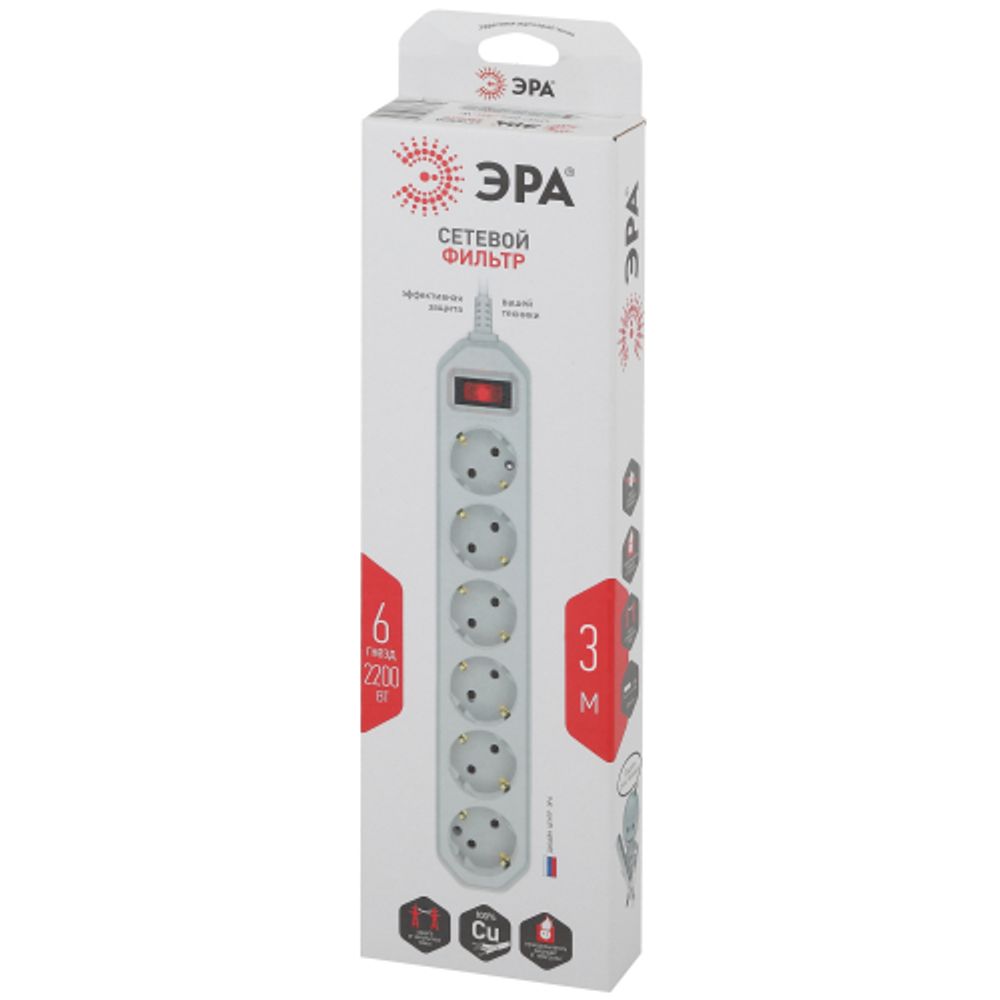 Сетевой фильтр ЭРА USF-6es-3m-W с базовой защитой с заземлением с выключателем 6 розеток 3м 10А белый