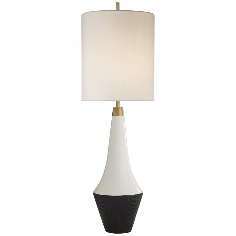 Neale Table Lamp in White Leather and Satin Black with Cream Linen Shade