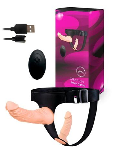 Женский страпон с 2 насадками, вибрацией и пультом ДУ (Цвет: телесный с черным)