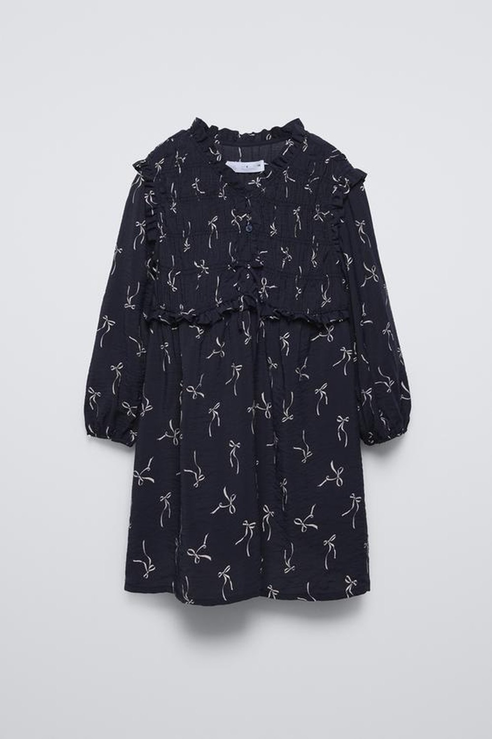 ZARA ПЛАТЬЕ С ПРИНТОМ «БАНТЫ» И СБОРКАМИ, СИНИЙ