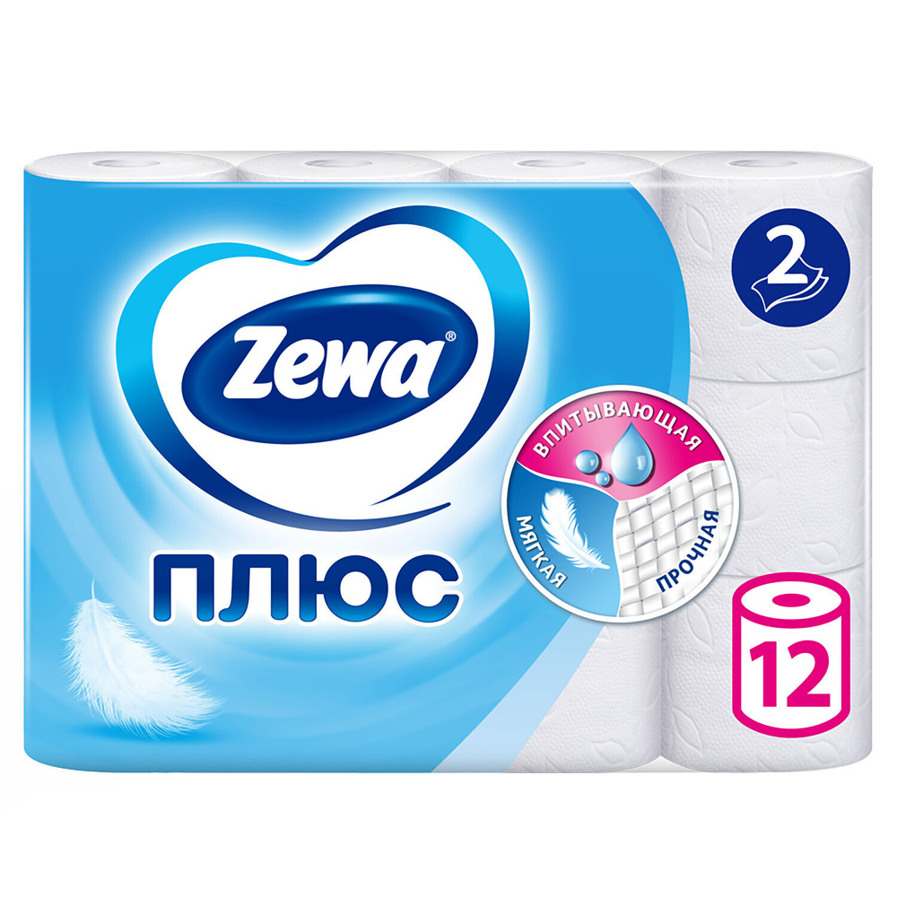 Бумага туалетная 2-х слойная, 12 рулонов (12×23 м), белая, ZEWA Plus, 2 упаковки.