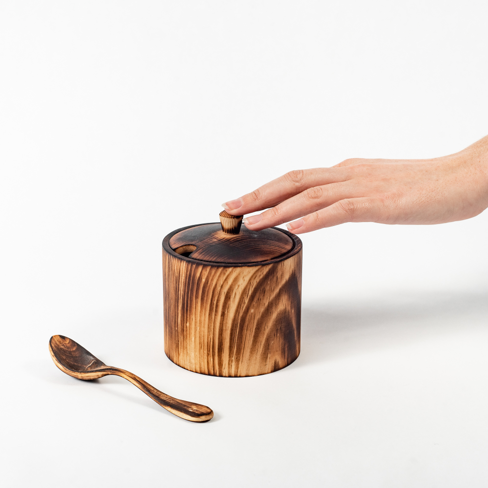 Деревянная сахарница из кедра с ложкой для меда, соли, специй