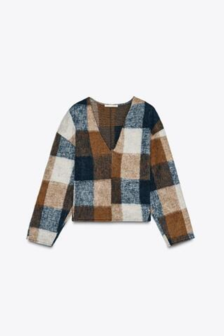 ZARA ТОЛСТОВКА ИЗ МЯГКОЙ ТКАНИ В КЛЕТКУ, ОТТЕНКИ СИНЕГО