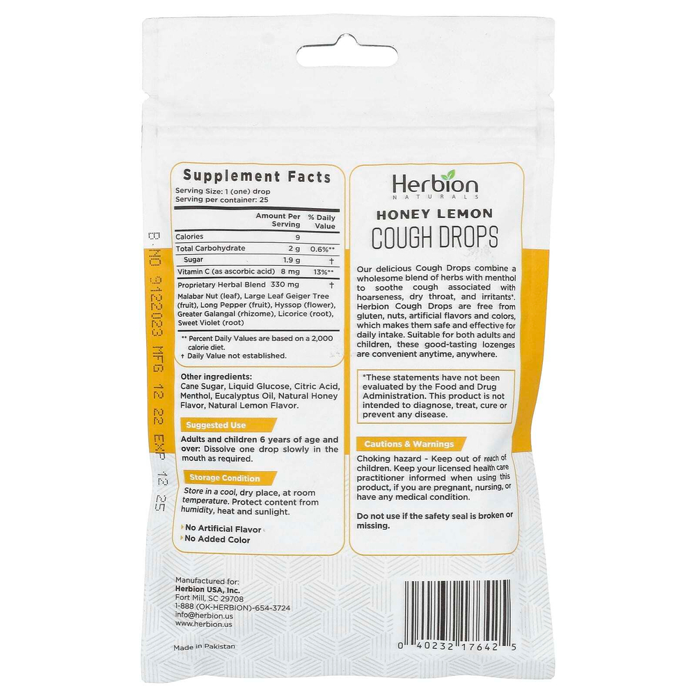 Herbion Naturals, леденцы от кашля с мёдом и лимоном, 25 шт.