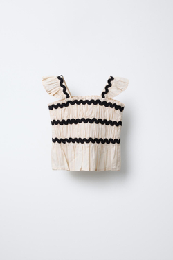 ZARA ТОП С КОНТРАСТНОЙ ВОЛНИСТОЙ ОТДЕЛКОЙ, ЭКРЮ