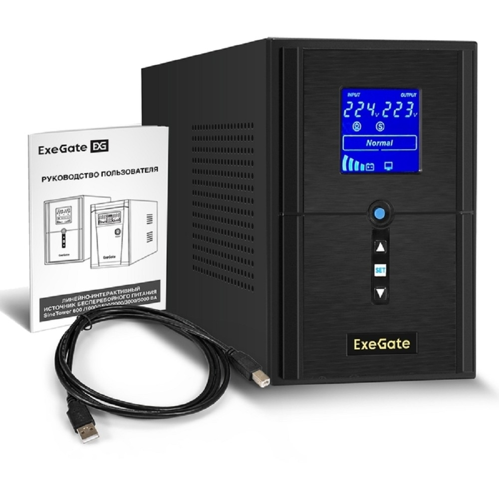 Exegate EX295982RUS ИБП (инвертор, синус, для котла) ExeGate SineTower SN-1500.LCD.AVR.2SH.1C13.USB &lt;1500VA/1200W, чистая синусоида, LCD дисплей, AVR, 2*Schuko+1*C13, USB, линейно-интерактивный, Black