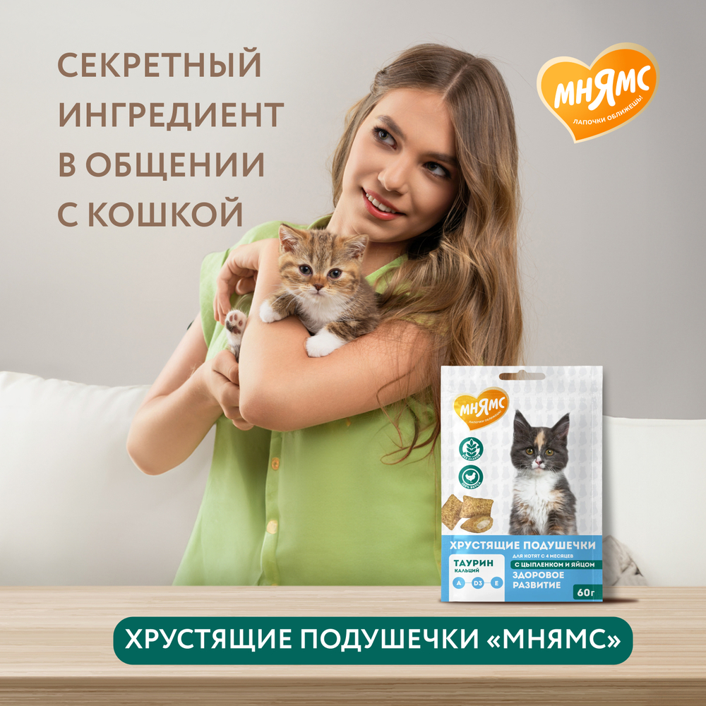 МНЯМС Лакомство "Здоровый котенок" хрустящие подушечки для котят с цыпленком и яйцом, 60 г
