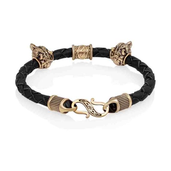 Браслет гайтан черный 5 мм с руной Соулу и двумя шармами Волк Бронза, фото 2