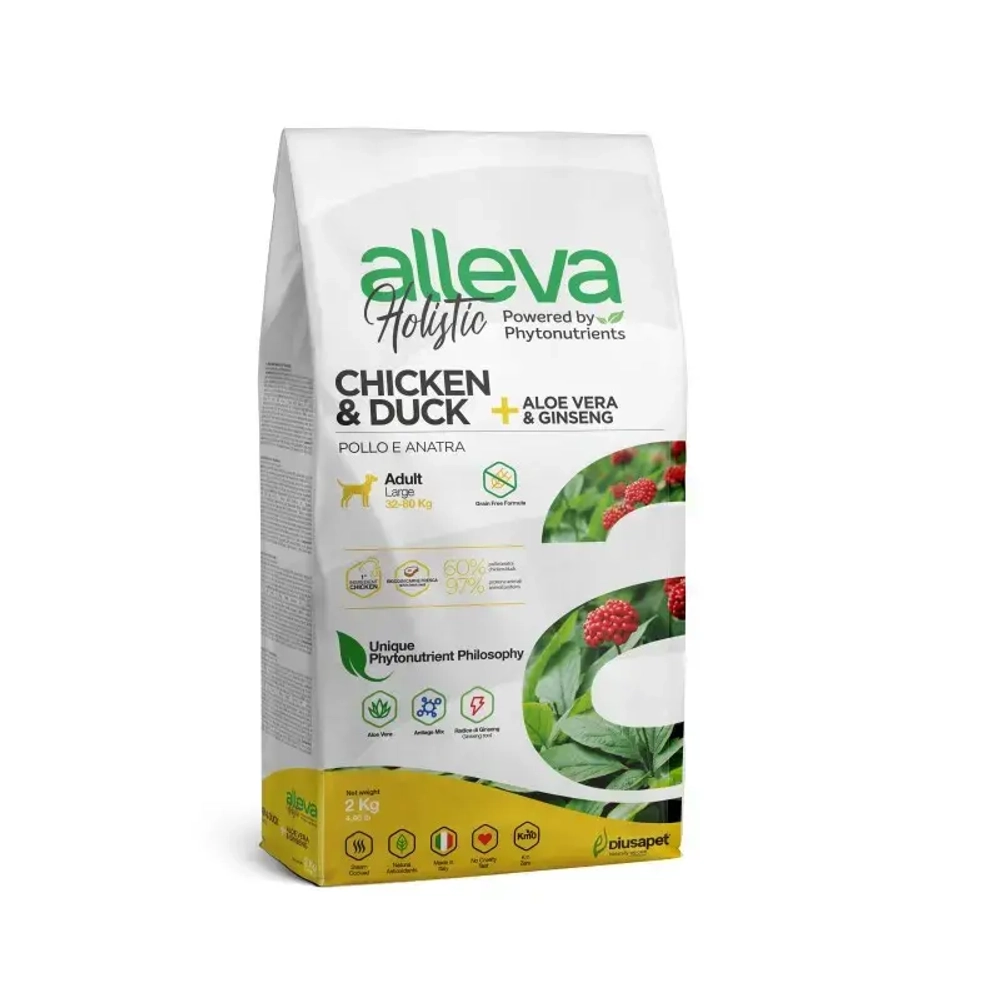 Alleva holistic adult chicken & duck maxi сухой корм для взрослых собак с курицей и уткой, алое вера и женьшенем - 2 кг