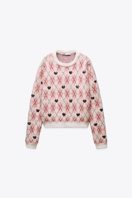 ZARA ЖАККАРДОВЫЙ СВИТЕР С СЕРДЕЧКАМИ, РАЗНОЦВЕТНЫЙ