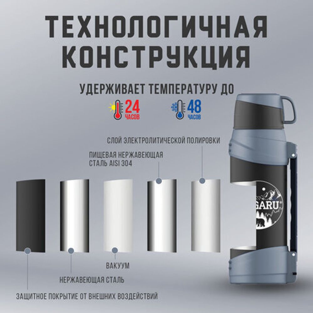 Термос классический, нержавеющая сталь 2 л, черно-серый, 2 кружки, ручка + ремешок, TAIGARU, 608818