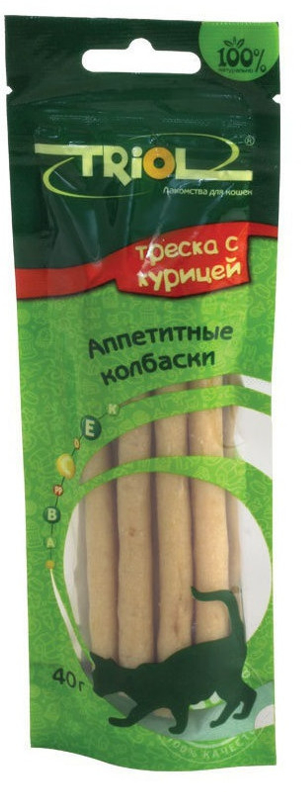 Triol, Лакомства для кошек, Аппетитные колбаски из курицы с треской, 40 гр.