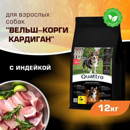 Корм для взрослых собак породы Вельш-корги кардиган, с индейкой, 12 кг, QUATTRO