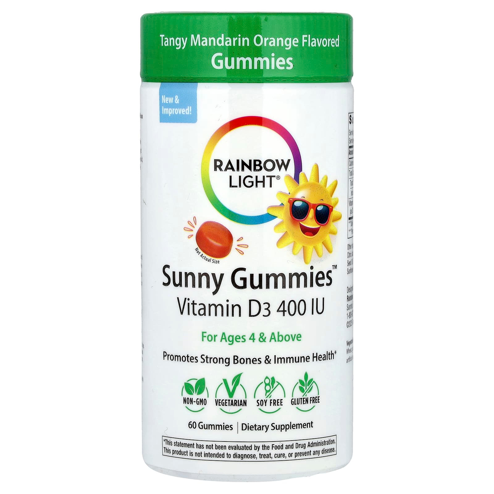 Rainbow Light, Sunny Gummies ™, витамин D3, для детей от 4 лет, насыщенный мандаринский апельсин, 10 мкг (400 МЕ), 60 жевательных таблеток