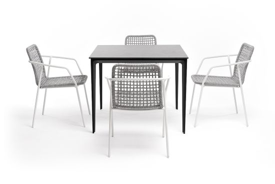 "Малага" обеденная группа на 4 персоны со стульями "Тунис", каркас белый, роуп светло-серый