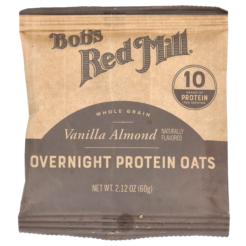 Bob's Red Mill, Overnight Protein Oats, цельнозерновые продукты, ваниль и миндаль, 4 пакетика по 60 г (2,12 унции)
