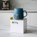 Керамическая кружка с крышкой и ложкой, 9,5*7,7 см, темно-зеленый/серый, 400 мл