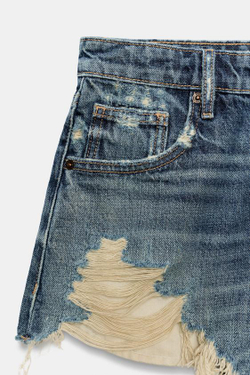 ZARA ДЖИНСОВЫЕ ШОРТЫ TRF С ВЫСОКОЙ ПОСАДКОЙ И РАЗРЫВАМИ, СИНИЙ