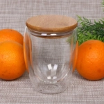 Стакан стеклянный с двойными стенками 350мл «Хай-Тек» с бамбуковой крышкой