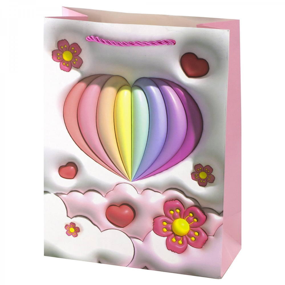 Пакет подарочный бумажный Alingar, (XL) 31х40х12 см, вертикальный, "Сердечки", мат. ламинация, эффект 3D, ассорти