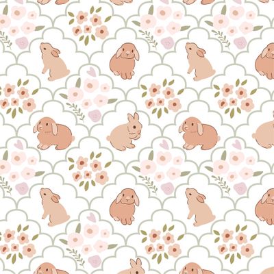 Зайчики и цветы, бежевые пастельные кролики. Цветочный дамаск