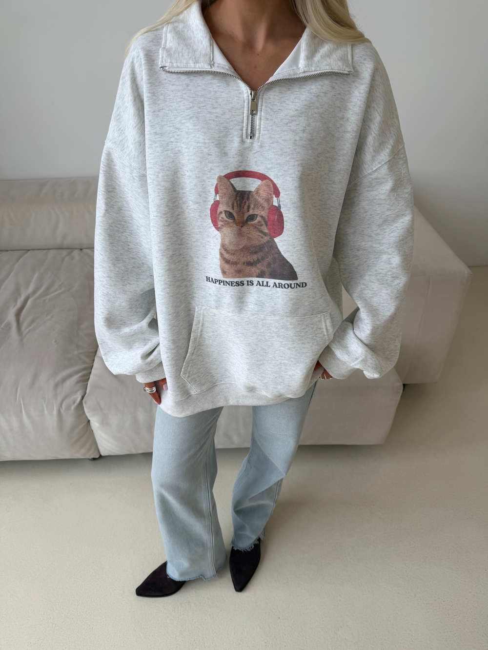 Худи с молнией Cats серый меланж