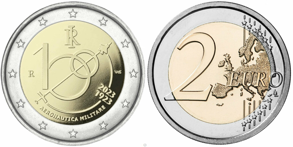 Италия 2 евро 2023 100 лет Военно-воздушным силам