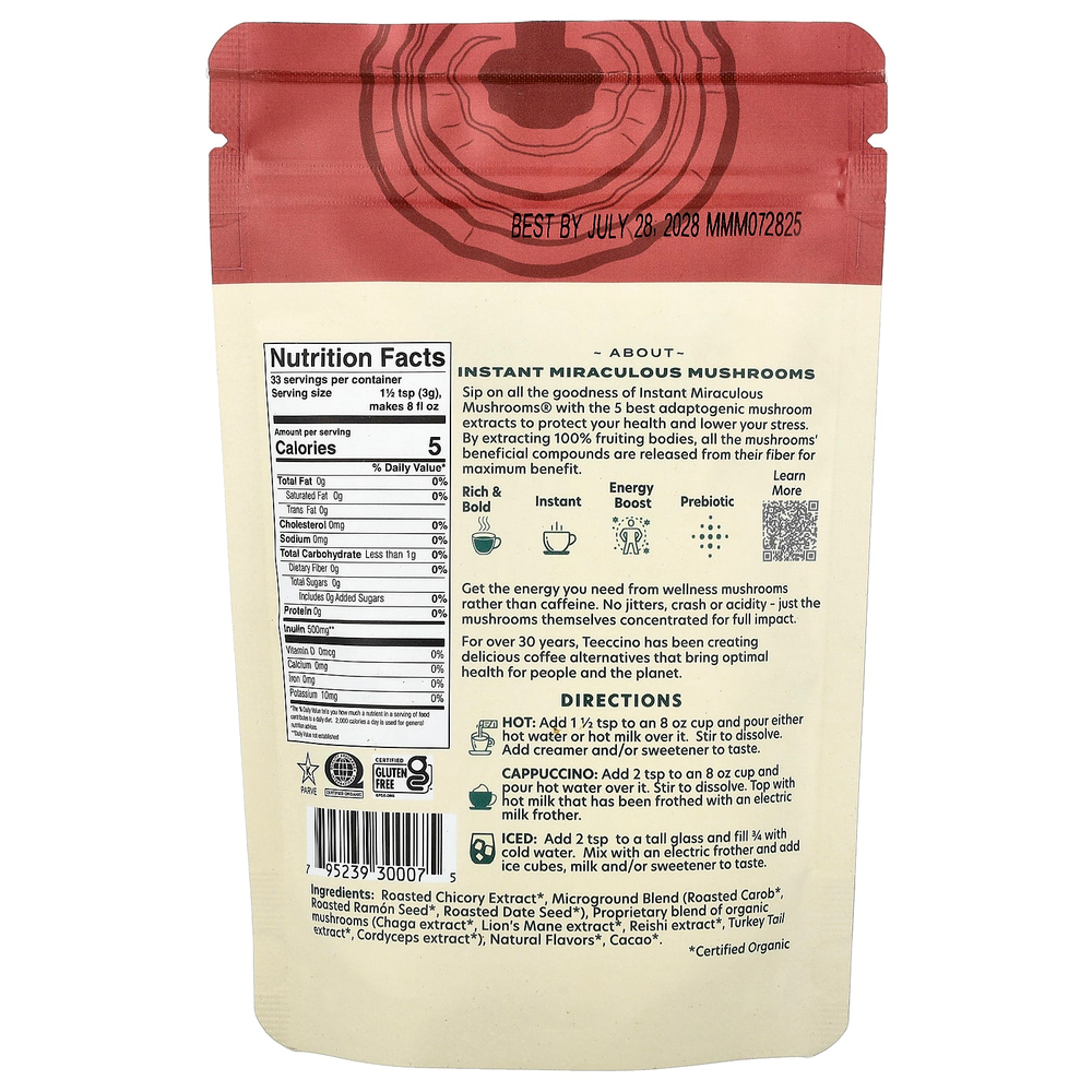 Teeccino, растворимый травяной кофе, Miraculous Mushrooms, без кофеина, 100 г (3,53 унции)