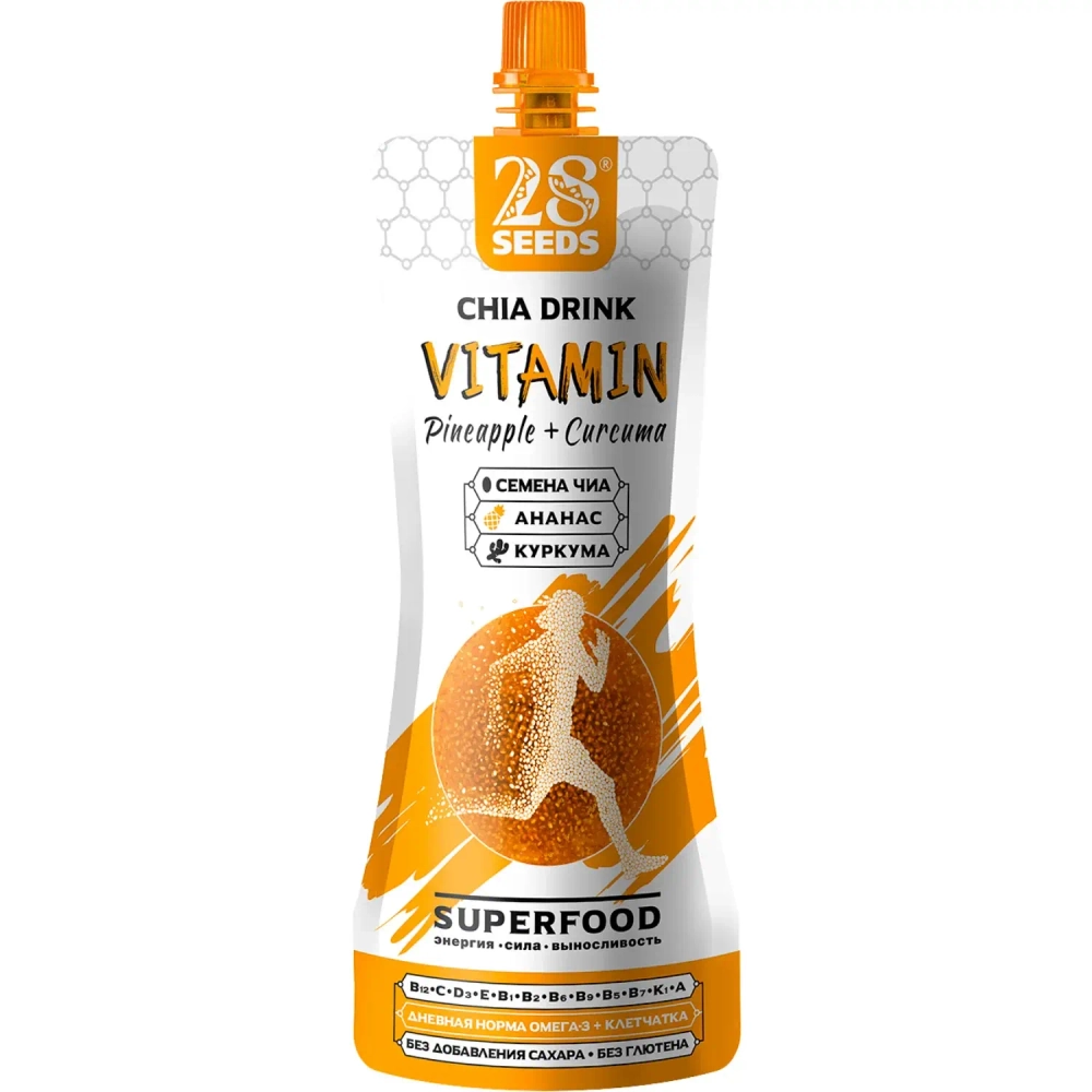 28SEEDS напиток Чиа ВИТАМИН «Ананас + Куркума» 250 мл — передняя сторона пауча с семенами чиа, ананасом и куркумой