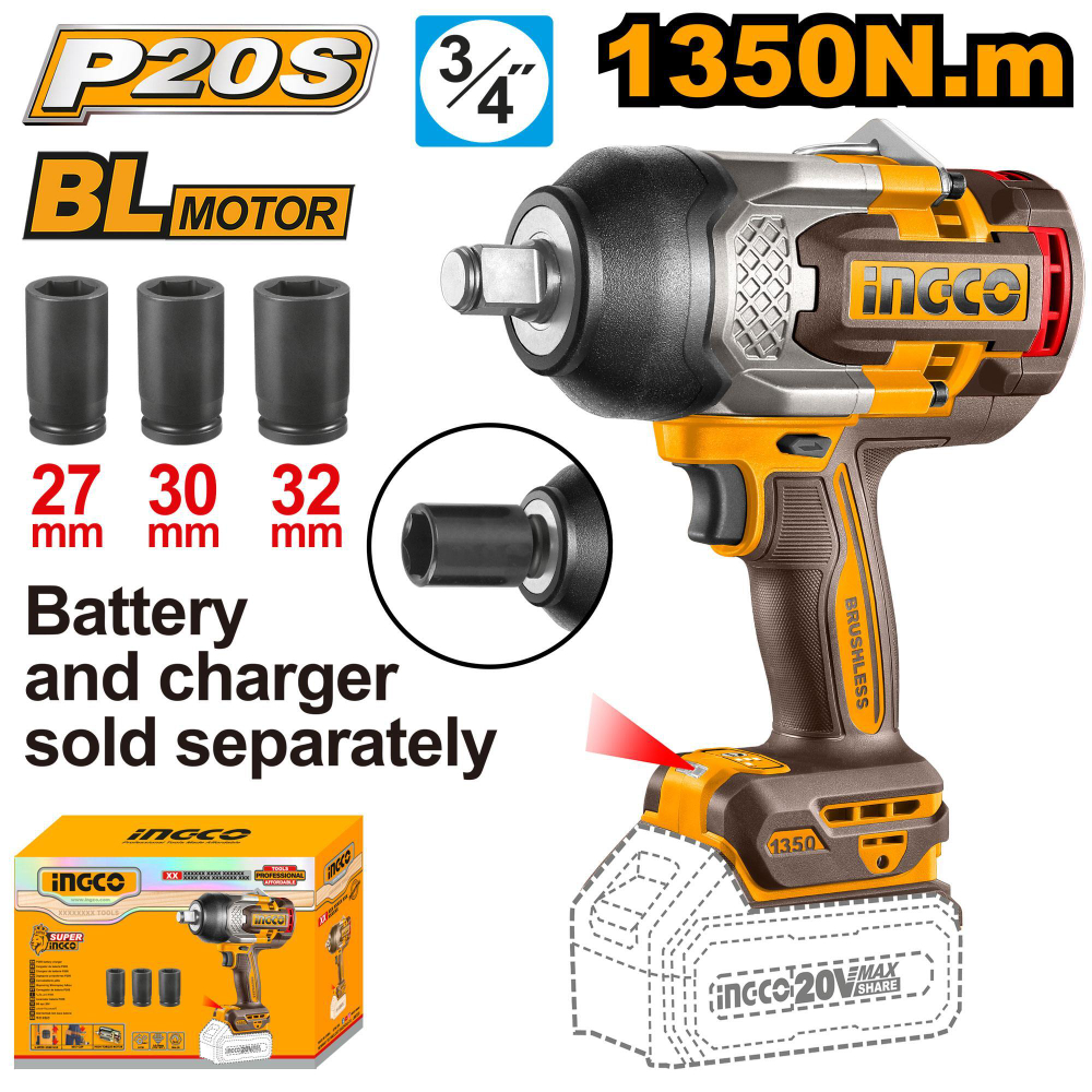 Аккумуляторный бесщёточный ударный гайковёрт INGCO CIWLI201351 INDUSTRIAL 20 В 1/2" 1350 Нм / 1900 Нм