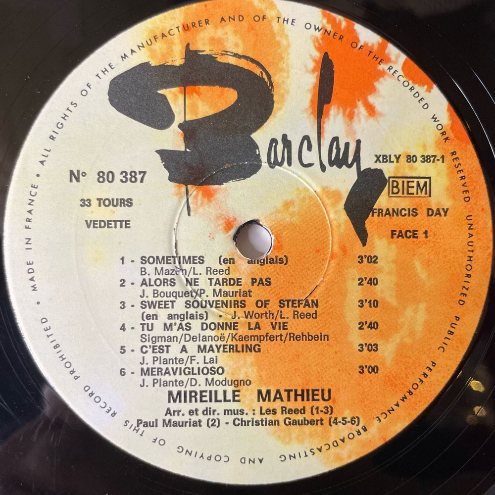 Винтажная виниловая пластинка LP Mireille Mathieu Мирей Матьe Sweet Souvenirs Of (France 1968)