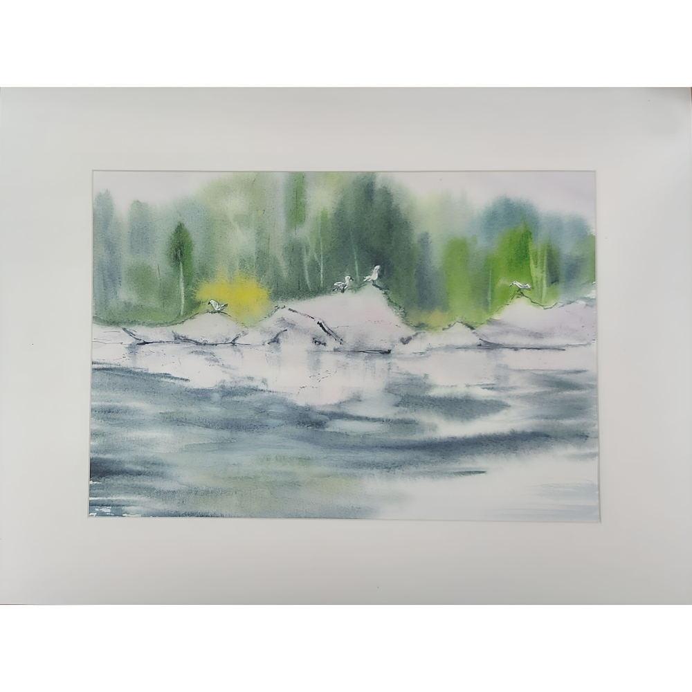 Картина авторская акварельная в паспарту 30х40 см на стену для интерьера "Чайки на скалах"