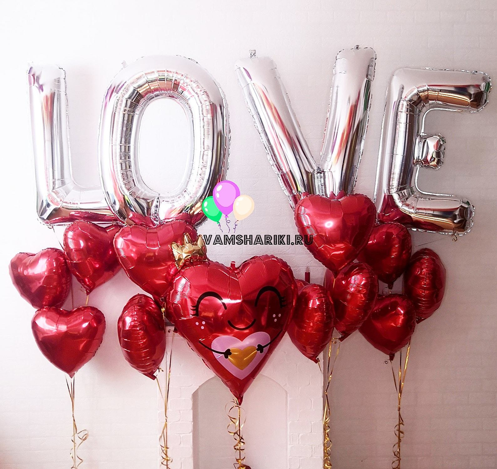 Надпись из букв "LOVE с сердцами" серебро/красный 65 см