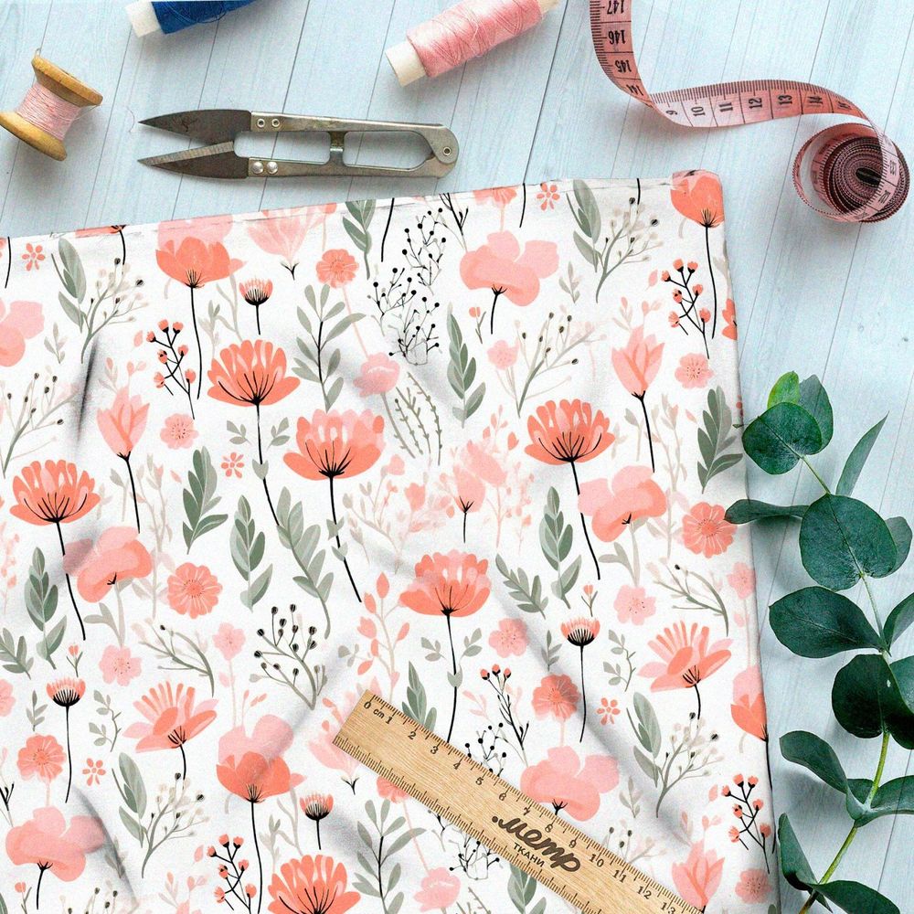 Ткань премиум габардин красные полевые цветочки