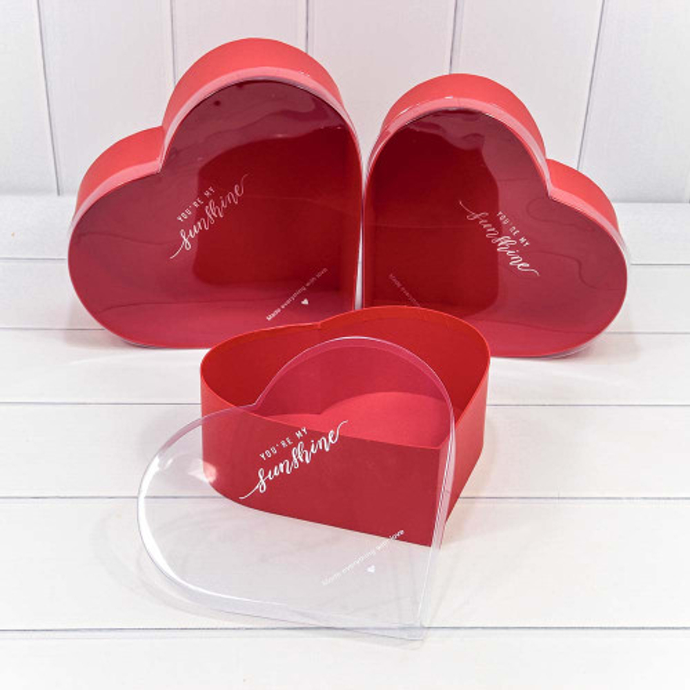 Коробка 28х25.2х11 см Набор 3 шт "Сердце" с прозрачной крышкой (Красный)