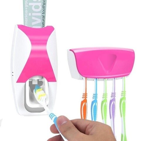 Автоматический дозатор зубной пасты + держатель для щёток, цвет розовый
