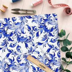 Ткань муслин изящные узоры росписью гжель