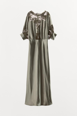 ZARA АТЛАСНОЕ ПЛАТЬЕ С КРУЖЕВОМ, ЗЕЛЕНЫЙ/СЕРЫЙ