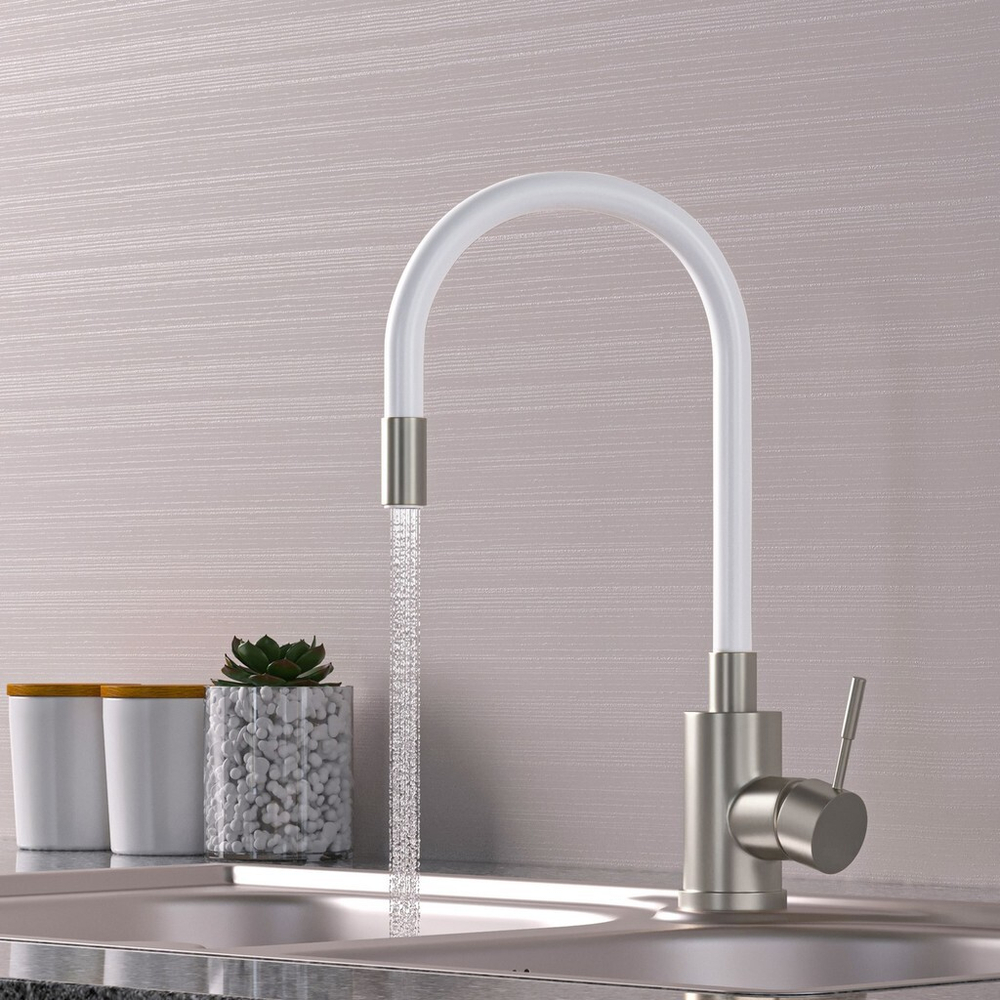 Смеситель для кухни 35k MIXLINE MLSS-0325 БЕЛЫЙ гибкий силиконовый излив